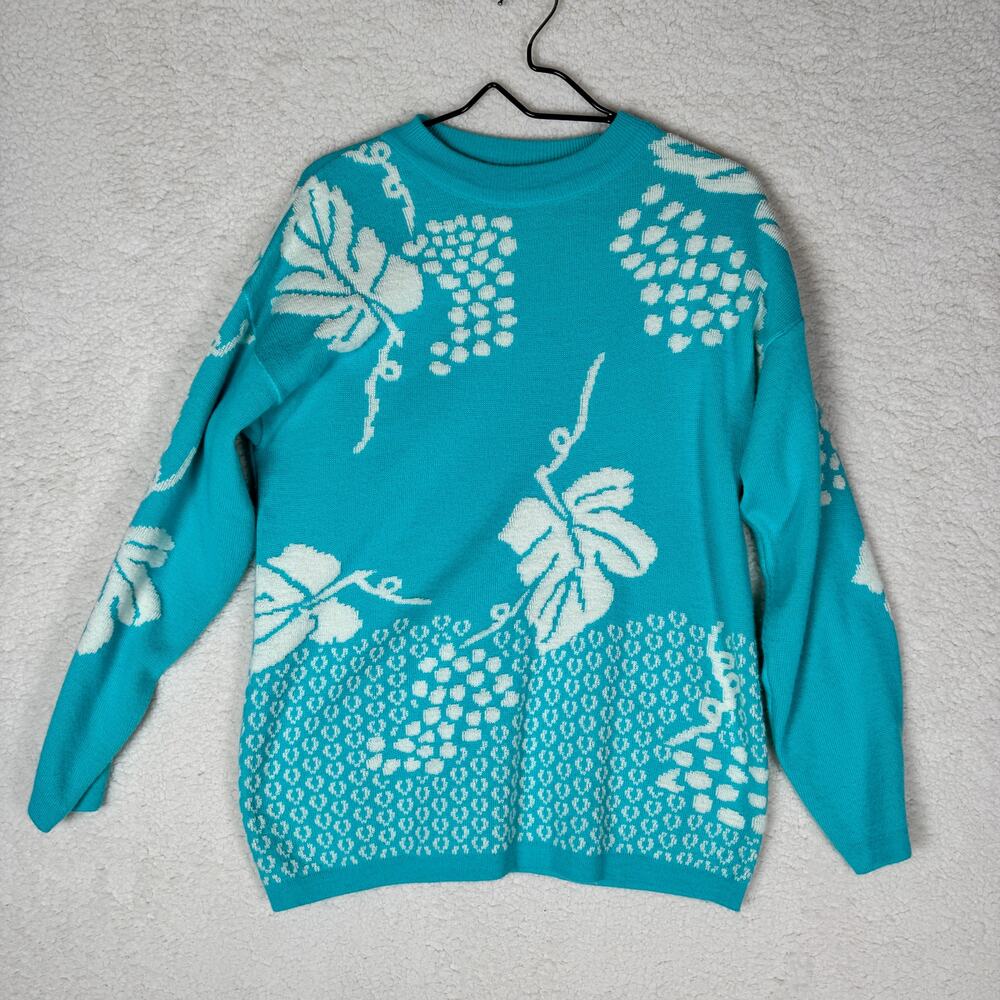 Joyce‎ Sweater Womens S Vintage 90s Turquoise Jumper Floral Tropical